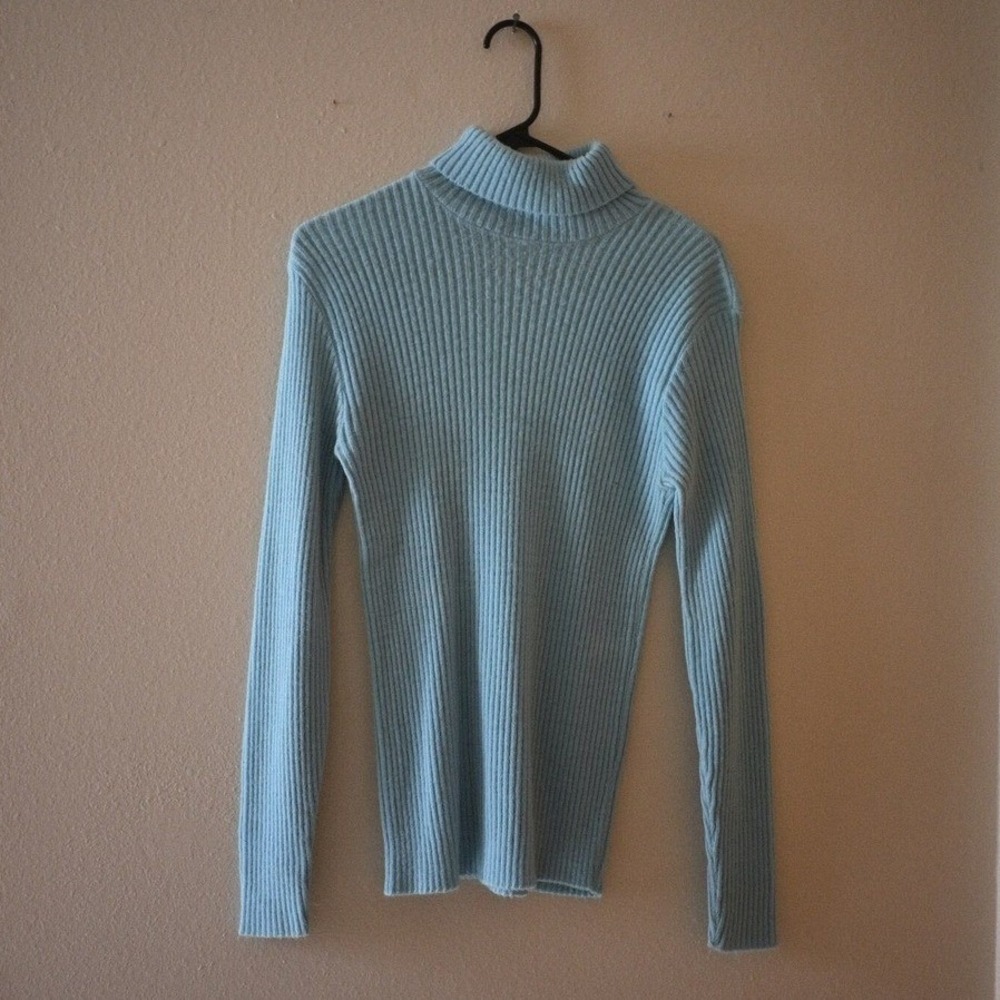 Light Blue Ribbed Turtleneck Sweater Soft Knit Long Sleeve Pullover Size S